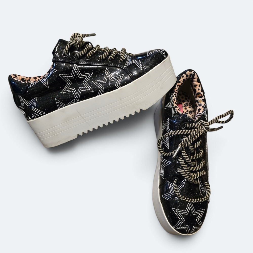 Betsey Johnson Womens 7.5  Black Glitter Star Platform Sneakers Leopard Print